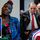 April Pipkins (left) holds a picture of her son Emantic Bradford Jr. Bob Dole (right) salutes the casket of President George H. W. Bush